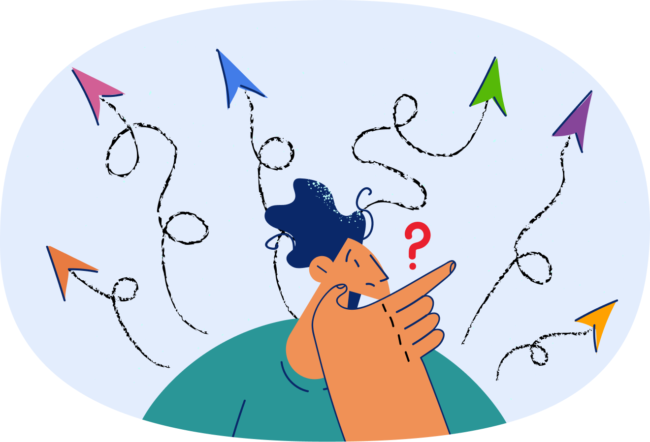 Confused man surrounded by mixed signals